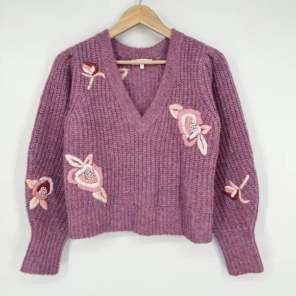 LoveShackFancy Ridge Sweater Floral Embroidered Balloon Sleeve Chunky Knit Berry - Picture 2 of 16